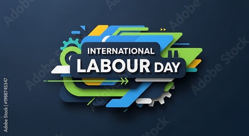 International labour day celebration graphic with colorful text and icons on a dark blue background