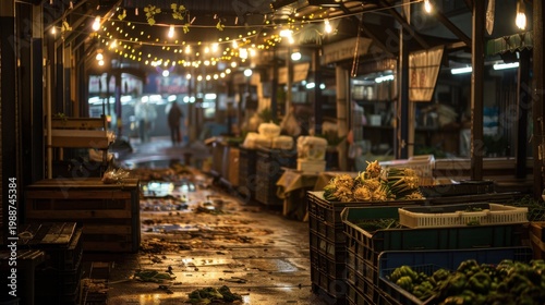 Nighttime market captured with Canon EOS R5 featuring crates and glowing lights