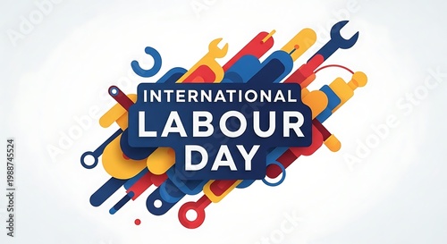 International labour day celebration with colorful abstract shapes and arrows on white background