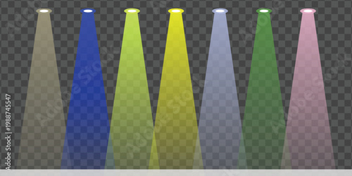Collection of spotlights with different colors on a transparent background, illuminating different areas with vibrant lights for events and stage performances