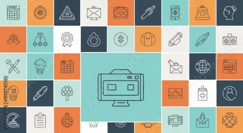 Computer monitor with website interface design elements icons.