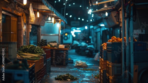 Nighttime market captured with Canon EOS R5 featuring crates and glowing lights