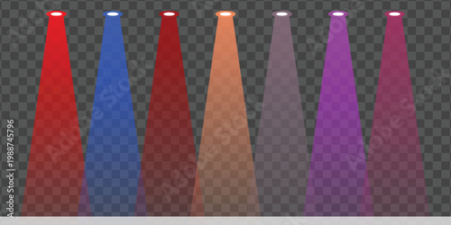 Collection of multicolored spotlights illuminating a transparent background creating an ethereal and atmospheric lighting effect