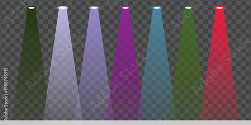 Set of spotlights with beams of light in different colors including green, purple, blue, and red, shining on a gray surface against a transparent background