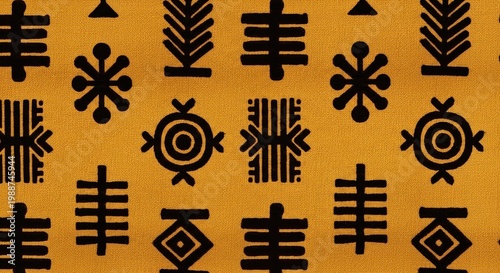 African Mudcloth Fabric Pattern Background with Tribal Symbols