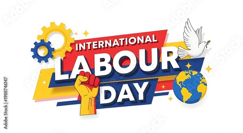 International labour day celebration with colorful abstract shapes and arrows on white background