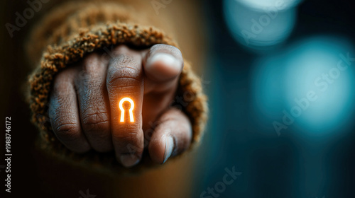 User requesting access with secure key authentication in modern office, cybersecurity verification, identity verification, secure entry, digital permission, and data protection workflow concept,