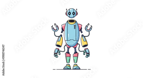 Colorful cartoon robot standing upright.
