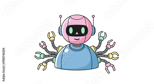Robot with multiple mechanical arms working.