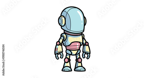 Colorful cartoon robot standing alone.