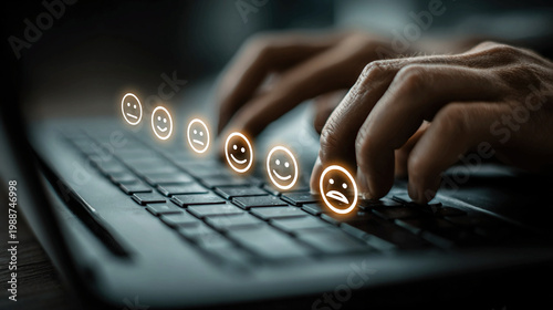 User submitting customer feedback on laptop with digital ratings, positive review icons, and online service evaluation, representing modern consumer satisfaction measurement