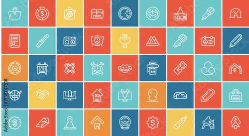 Collection of diverse business and finance icons on colorful grid background.