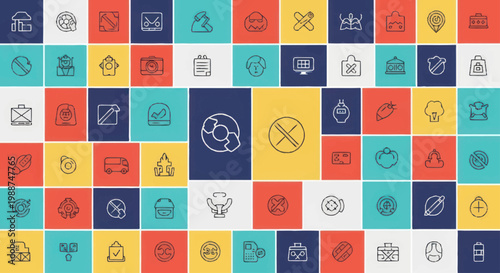 Collection of modern flat design icons on colorful background.