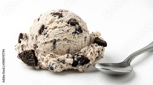 A single scoop of cookies and cream ice cream with dark chocolate cookie pieces and a spoon