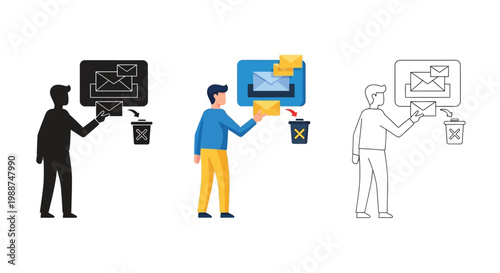 Digital communication management vector illustration with a person discarding unwanted emails into the trash.
