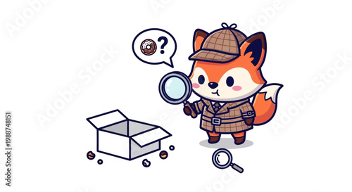 A cartoon fox detective investigates scattered items from an open box with a magnifying glass.
