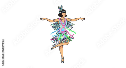 Woman wearing colorful flapper dress dancing energetically Gudang Uyah