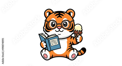 Cartoon tiger reads book while eating ice cream outdoors