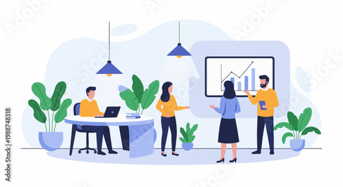 Modern office scene with diverse individuals collaborating on a presentation with a data chart