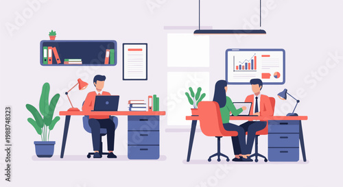 Two people work at desks with laptops, plants, and shelves in an office