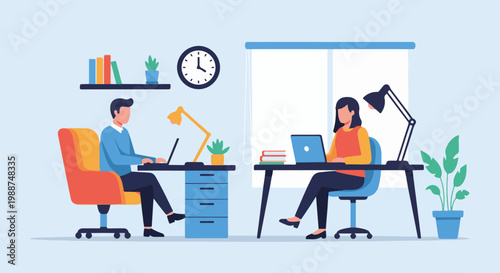 Two people working on laptops at desks in an office with plants and a clock