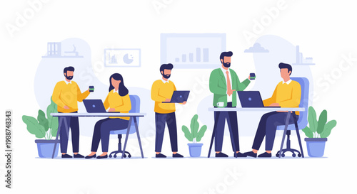 People collaborating in a modern office setting, focused on laptops and tasks