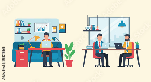 Two scenes depict individuals working at desks, one on a couch, the other in an office