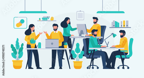 Diverse team collaborates in a modern office setting, surrounded by plants and technology