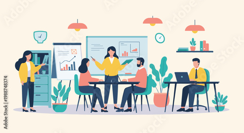 Colleagues collaborate in a modern office meeting room with charts and plants