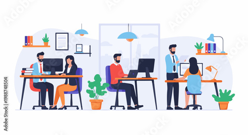 Modern office scene with people working at computers and desks