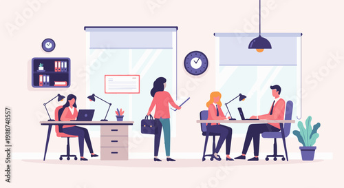 Busy office scene with people working at desks, focused on tasks