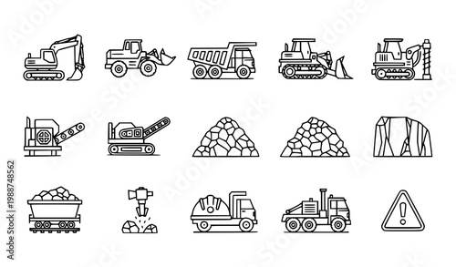 Mining equipment 15 icon set excavator dump truck quarry outline vector