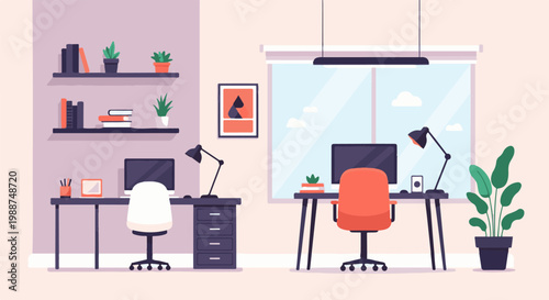 Two desks in a room with computers, plants, books, and a window view