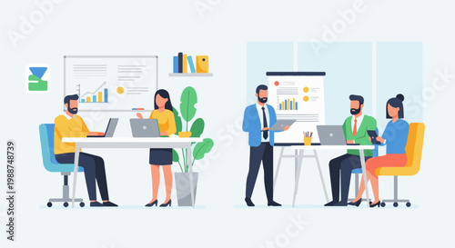 Diverse team collaborating in modern office spaces, presenting data and ideas