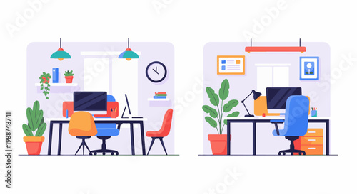 Two distinct office desk setups, each featuring a computer, chair, and plants