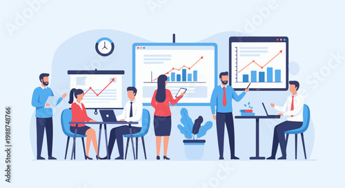 Business professionals collaborate in a meeting room, analyzing charts and graphs on screens