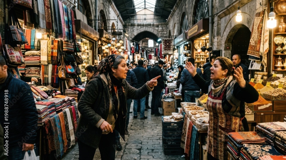 Naklejka premium Busy marketplace scene with people shopping and interacting, vibrant colors.