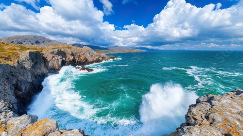 Striking natural landscape features a rugged, multi layered rocky shore being battered by large, foamy waves.