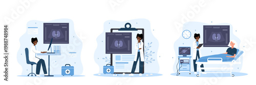 Kidney diseases set. Ultrasound diagnosis. Medical care for cysts or cancer. Vector illustration in flat cartoon style.