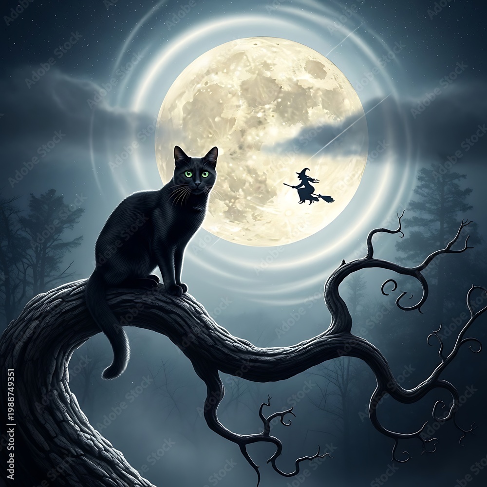 Fototapeta premium Black cat sits on a gnarled branch under a full moon with a witch flying