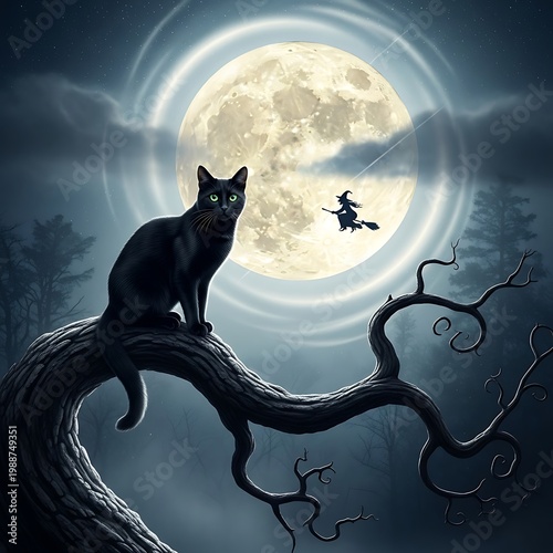 Black cat sits on a gnarled branch under a full moon with a witch flying