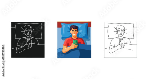 Illustration depicting a smiling man browsing his smartphone screen comfortably in bed under covers.