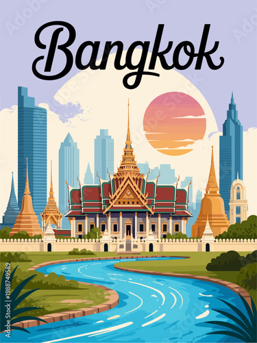 Retro travel poster with Stylized Bangkok skyline with Grand Palace golden details modern skyscrapers and temples reflected in Chao Phraya River under sunset sky in vintage inspired palette