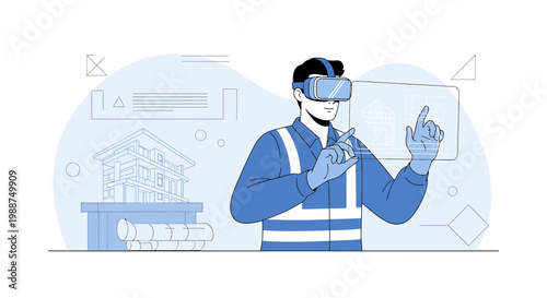 Engineer using VR headset for construction project planning and design