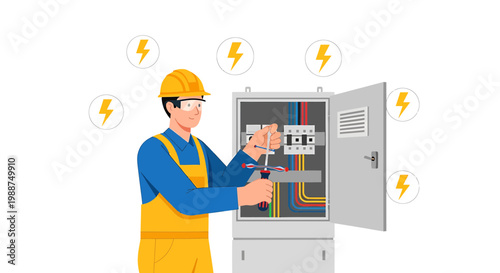 Electrician working on electrical panel, safety equipment, lightning symbols