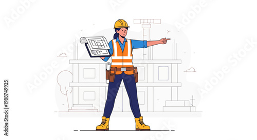 Female construction worker with blueprint and pointing gesture at building site
