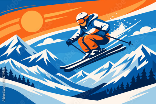 Modern vector illustration of a skier jumping mid-air over snowy mountain peaks under a bright orange sun. Stylized winter sports graphic with bold colors, featuring a person skiing downhill.