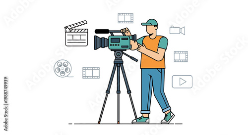 Filmmaker Operating Professional Video Camera on Tripod, Film Production Concept