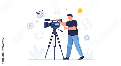 Filmmaker Operating Professional Video Camera on Tripod, Filmmaking Concept