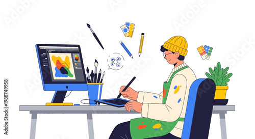 Graphic designer working on computer with digital drawing tablet and art supplies